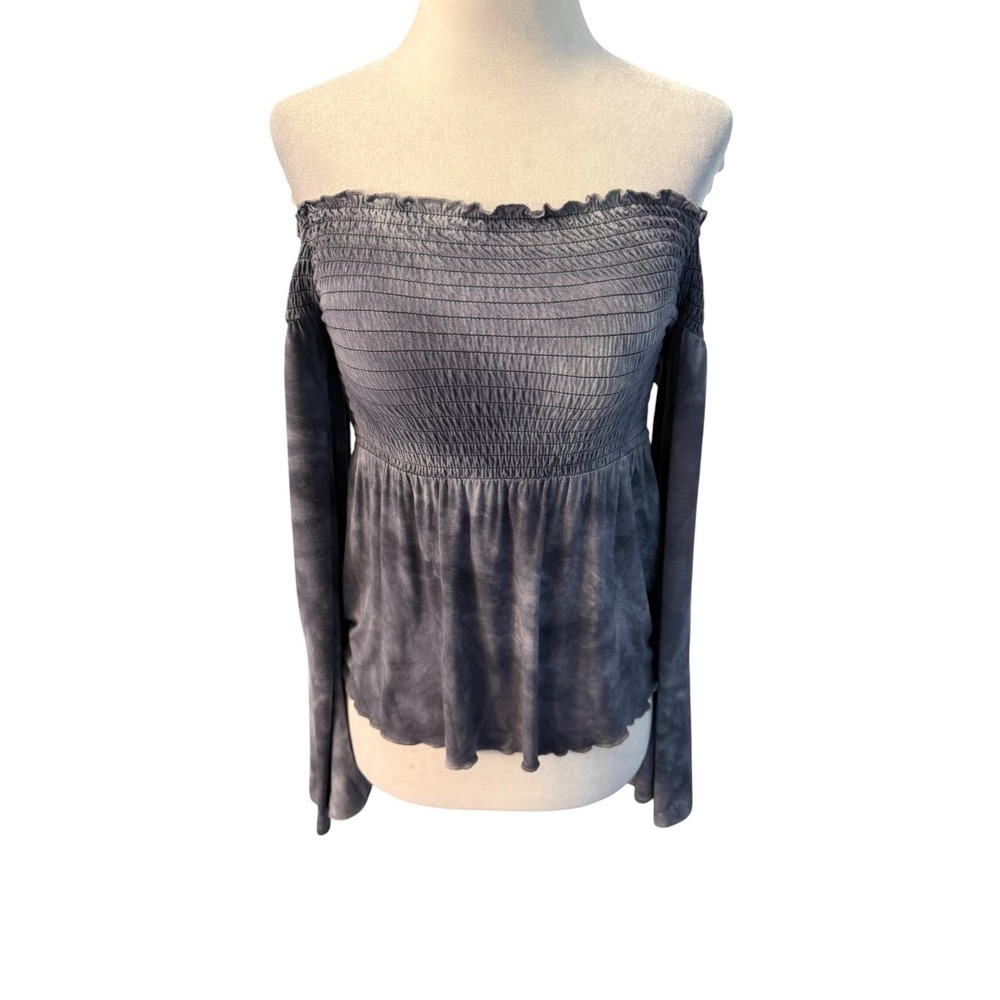 American Eagle Blue Grey Tie Dye Smocked Off Shoulder Peplum Top XS Long Sleeve